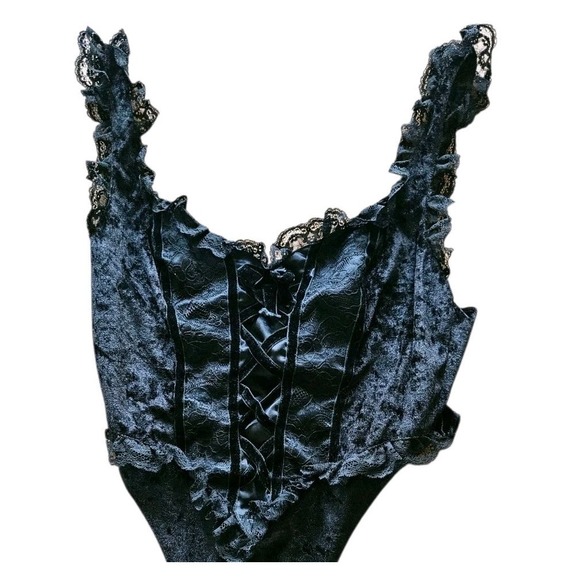 RARE Vtg Victoria's Secret Bodysuit S Black Velvet Lace Corset Teddy 90s Y2K - Picture 1 of 6